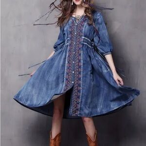 Keer Qiaowa Embroidered Chambray Denim Midi Boho Dress